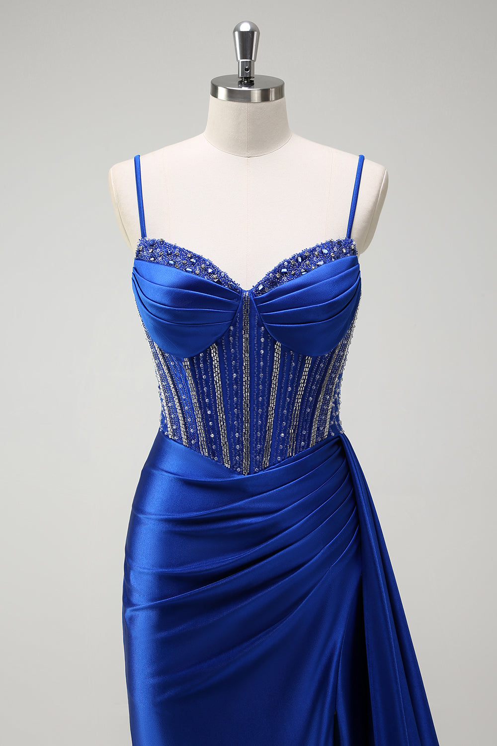 Royal Blue Spaghetti Straps Corset Mermaid Satin Prom Dress with Side Cape