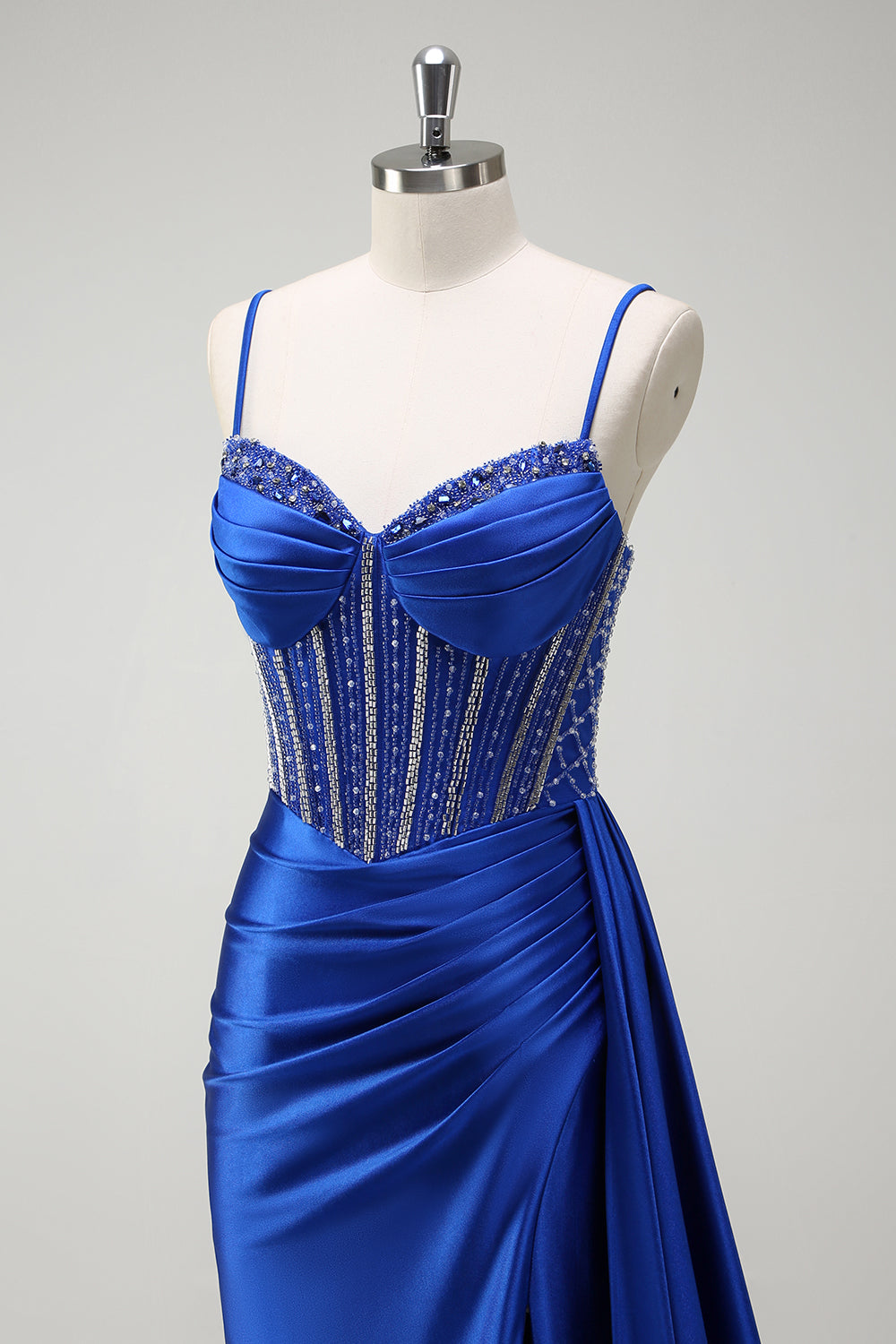 Royal Blue Spaghetti Straps Corset Mermaid Satin Prom Dress with Side Cape