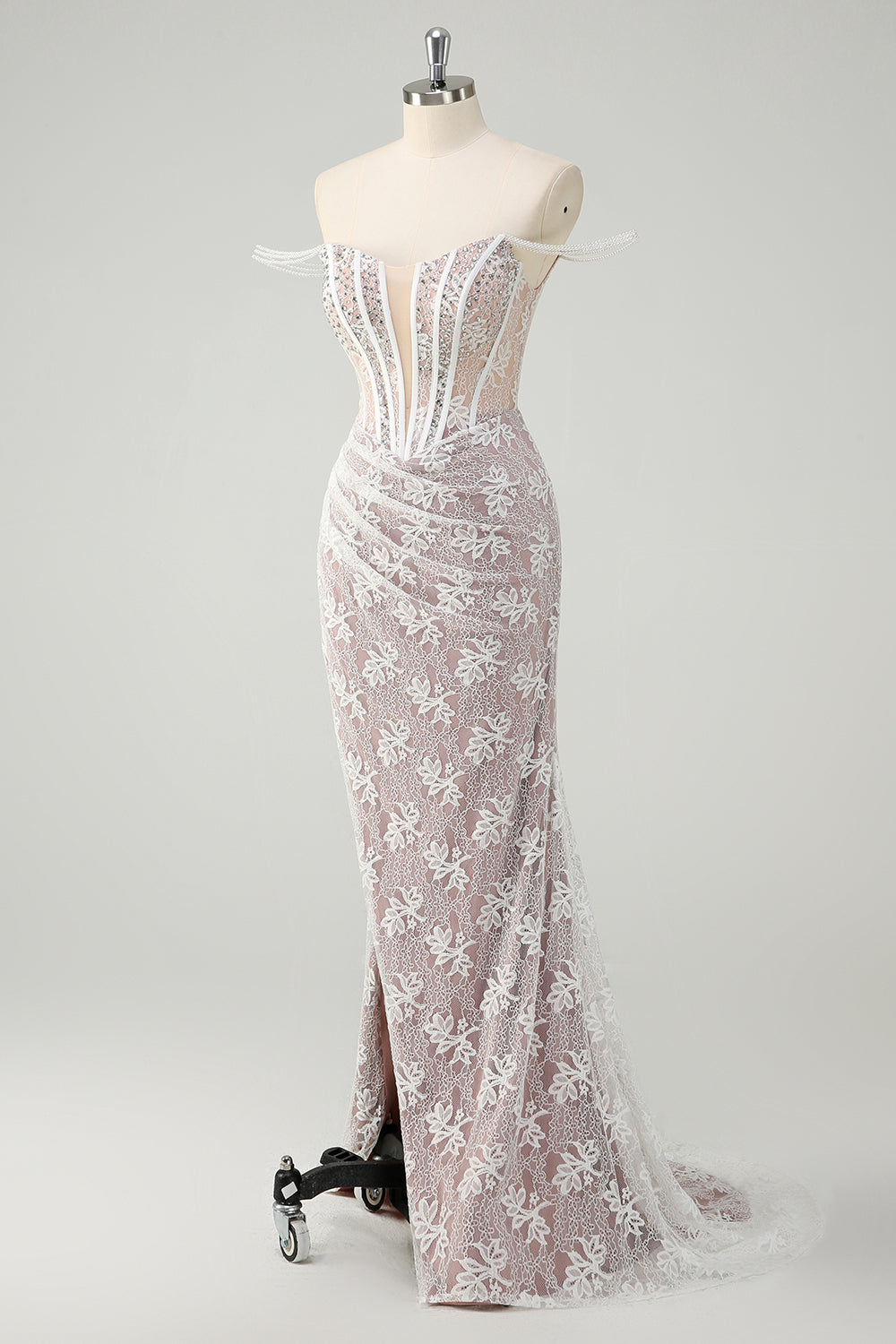 White Lace Off the Shoulder Beaded Mermaid Prom Dress with Slit