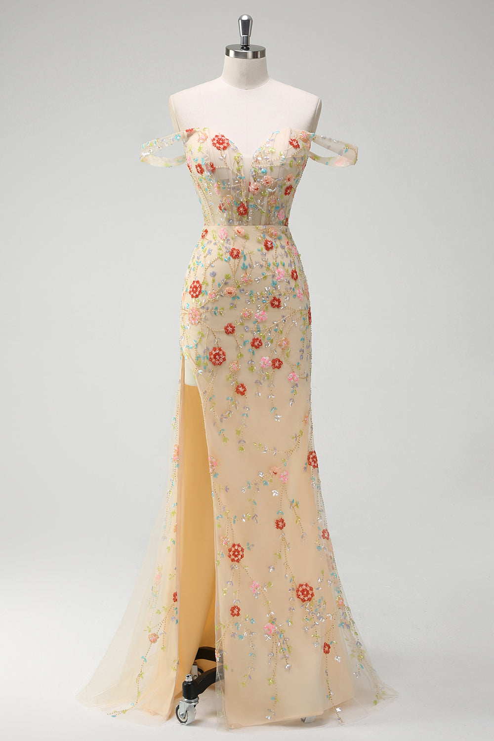 Champagne Off the Shoulder Floral Beaded Prom Dress with Slit