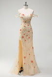 Champagne Off the Shoulder Floral Beaded Prom Dress with Slit