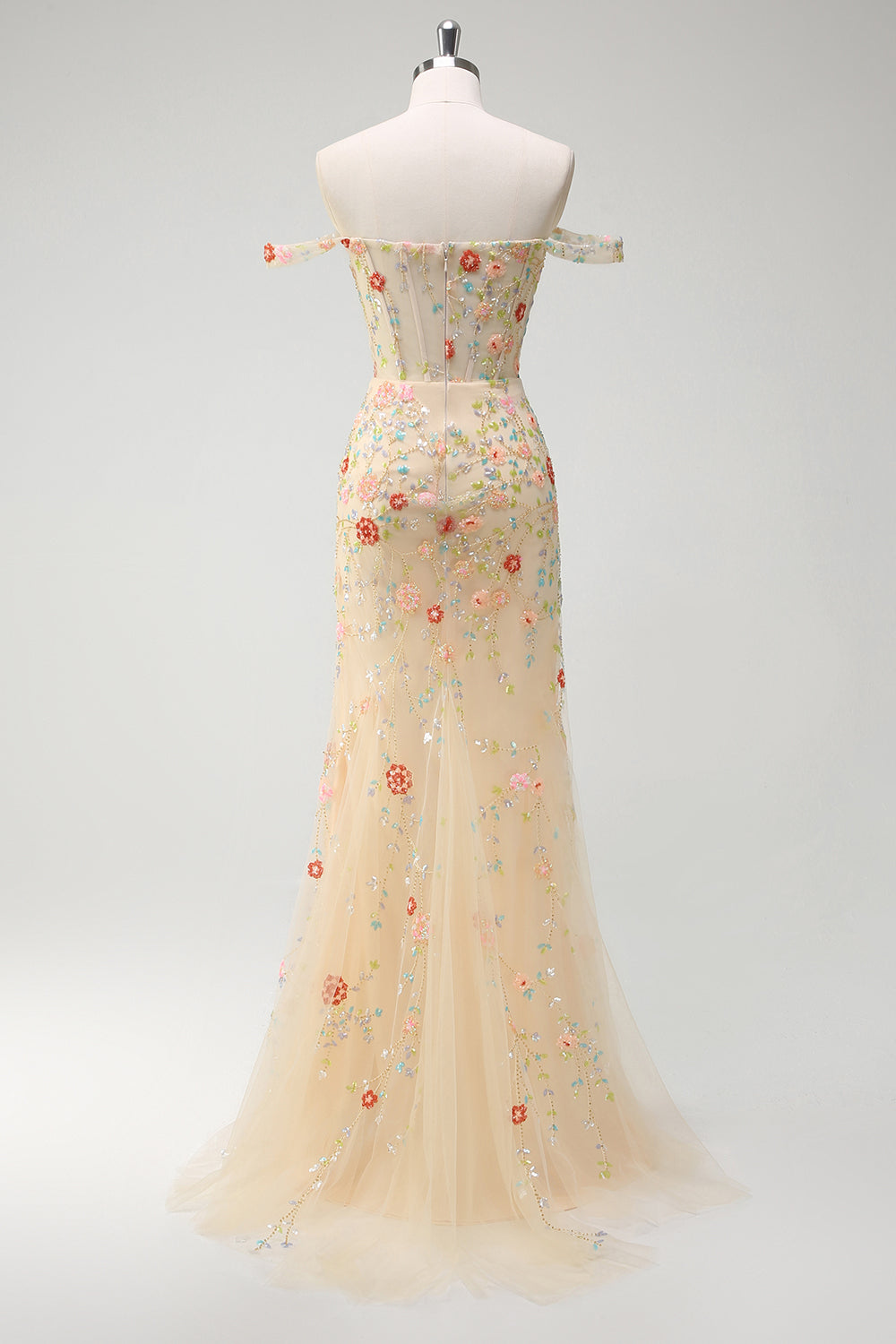 Champagne Off the Shoulder Floral Beaded Prom Dress with Slit