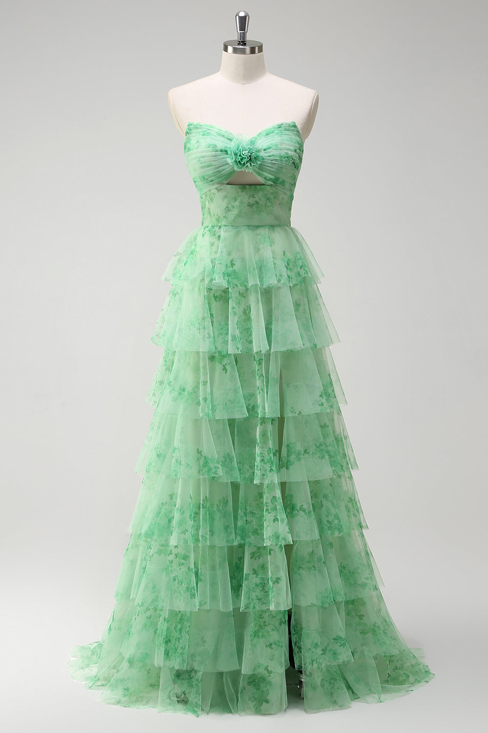 Green Strapless Floral Tiered A-Line Prom Dress with Slit