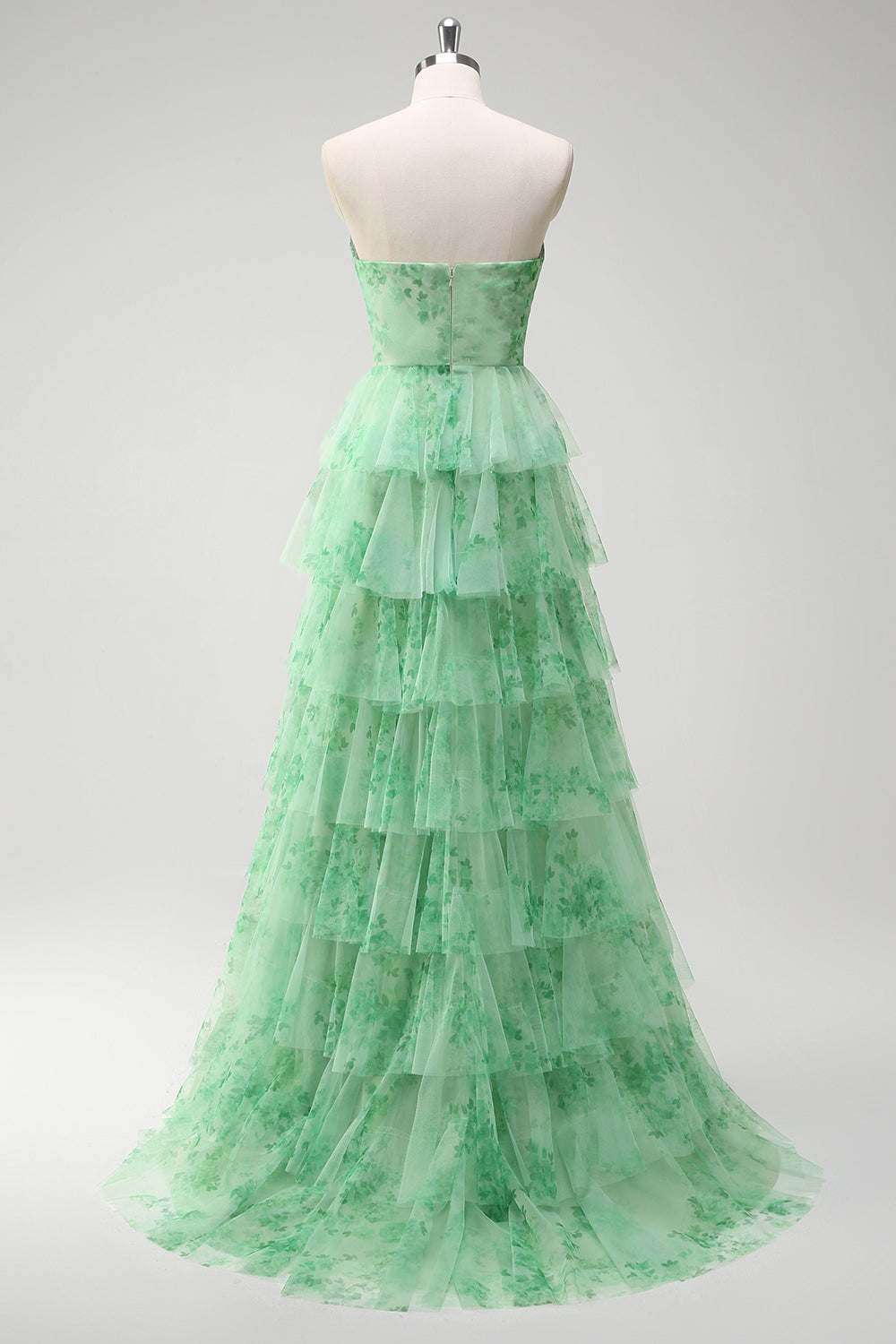 Green Strapless Floral Tiered A-Line Prom Dress with Slit