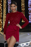 Sparkly Red Lace Long-Sleeve Ruched Cocktail Dress