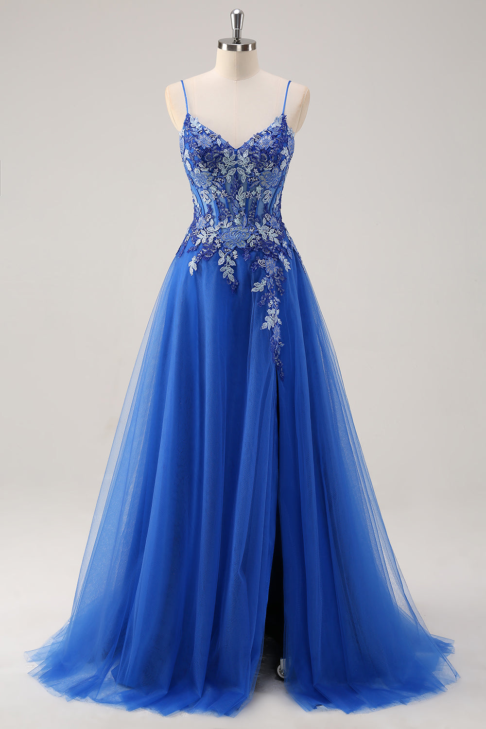 A-Line Corset Royal Blue Spaghetti Straps Applique Tulle Prom Dress with Slit