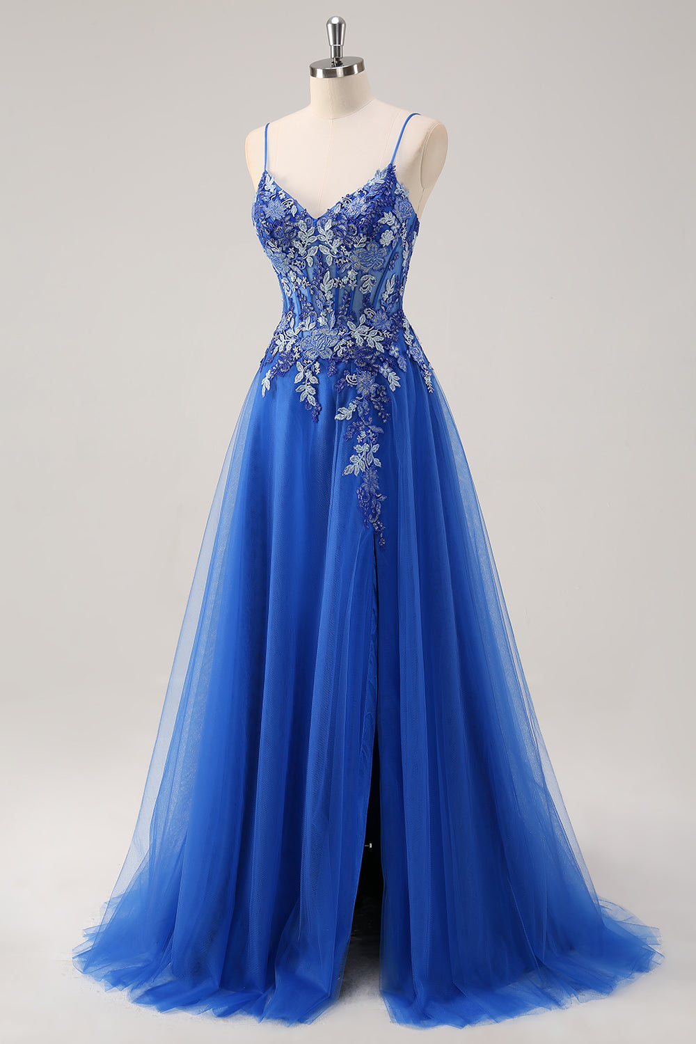A-Line Corset Royal Blue Spaghetti Straps Applique Tulle Prom Dress with Slit