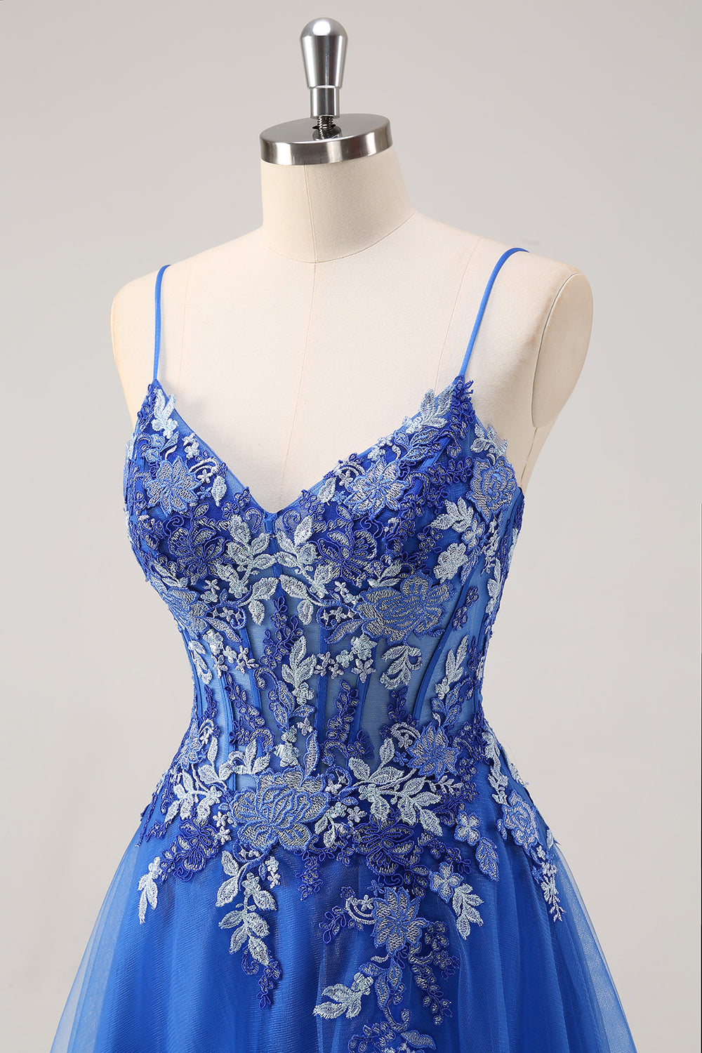 Royal Blue Spaghetti Straps Applique Tulle A-Line Prom Dress with Slit
