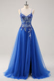 A-Line Corset Royal Blue Spaghetti Straps Applique Tulle Prom Dress with Slit