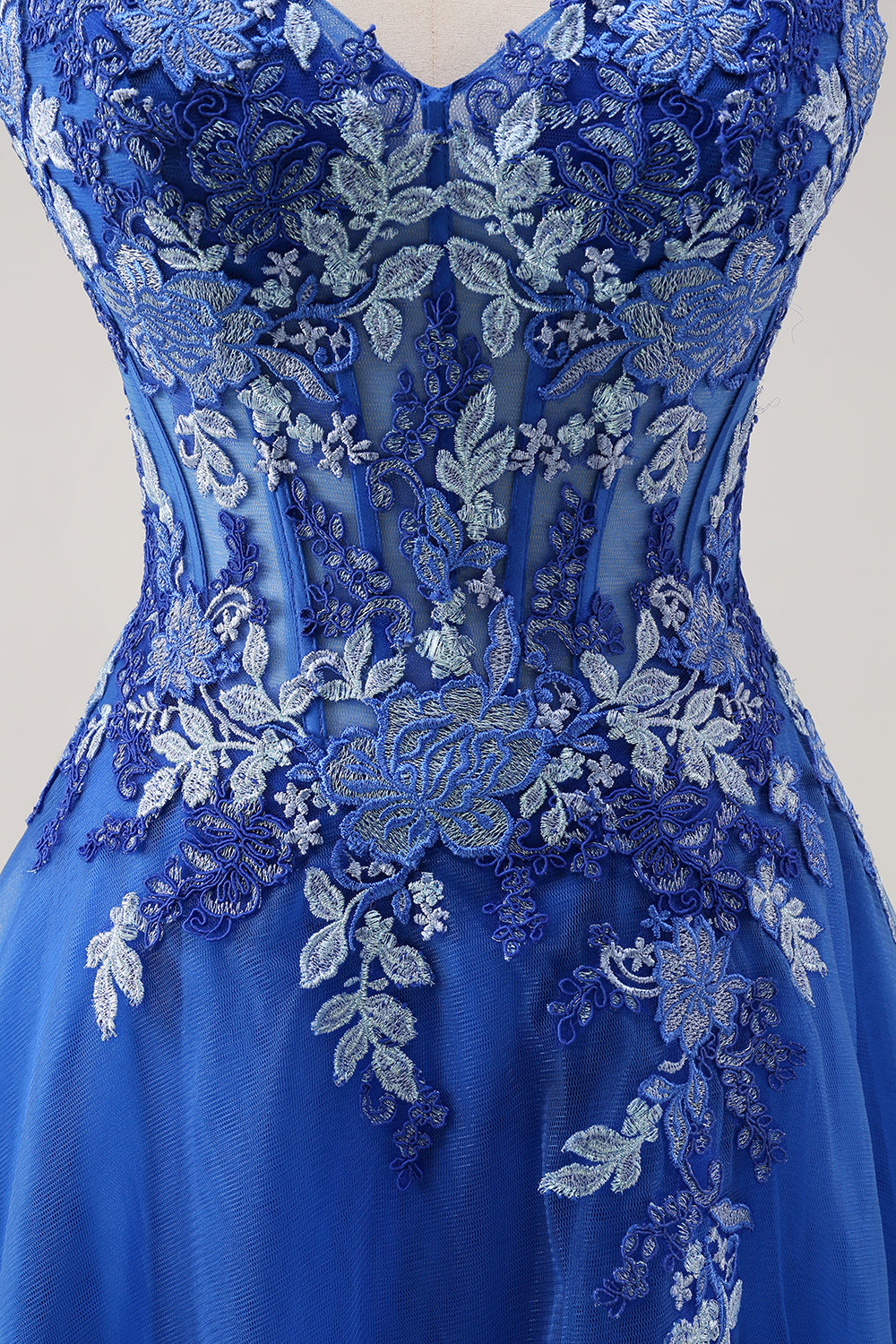A-Line Corset Royal Blue Spaghetti Straps Applique Tulle Prom Dress with Slit