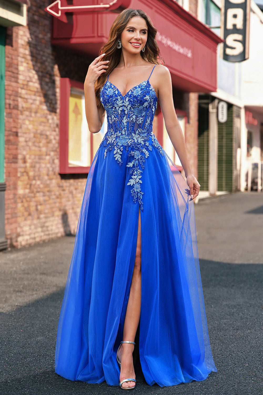 A-Line Corset Royal Blue Spaghetti Straps Applique Tulle Prom Dress with Slit