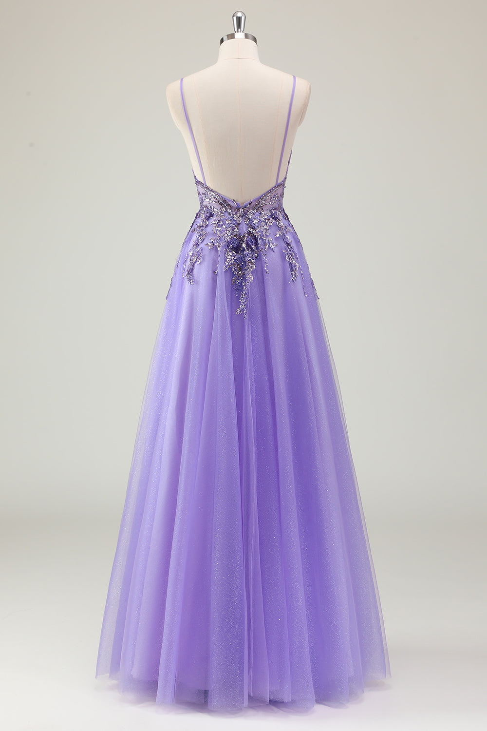 Glitter Purple Sequined A-Line Tulle Prom Dress with Beading