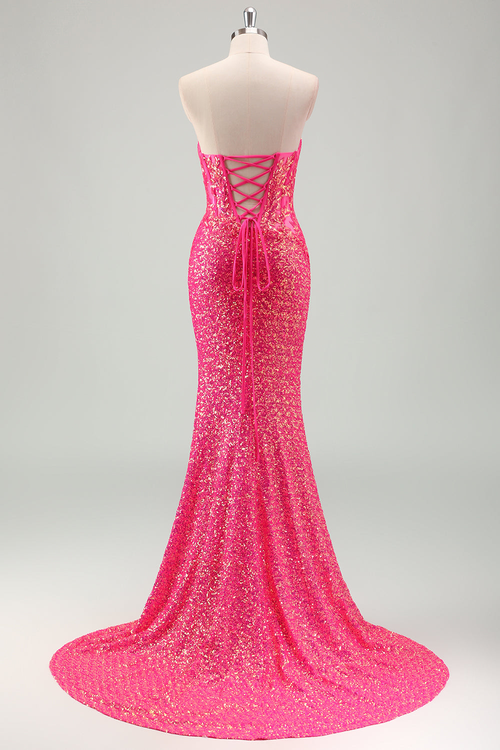 Sparkly Fuchsia Strapless Corset Sequined Mermaid Prom Dress with Slit