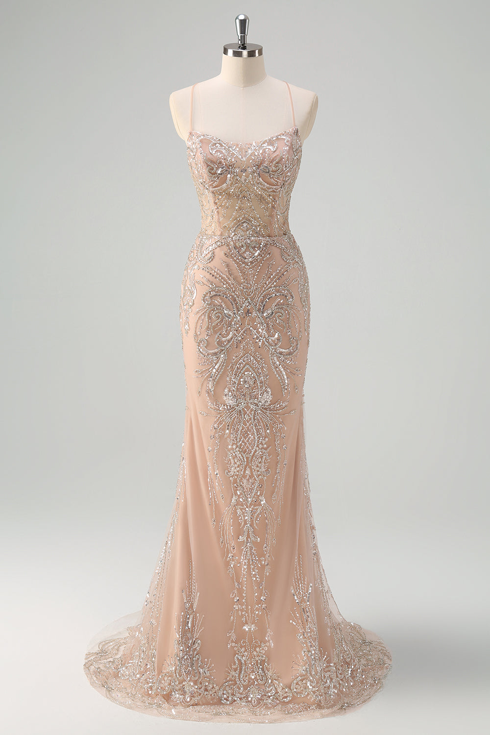 Leely Women Champagne Mermaid Prom Dress with Sequins Spaghetti Straps Floor Length Formal Evening Dress with Lace Up Back