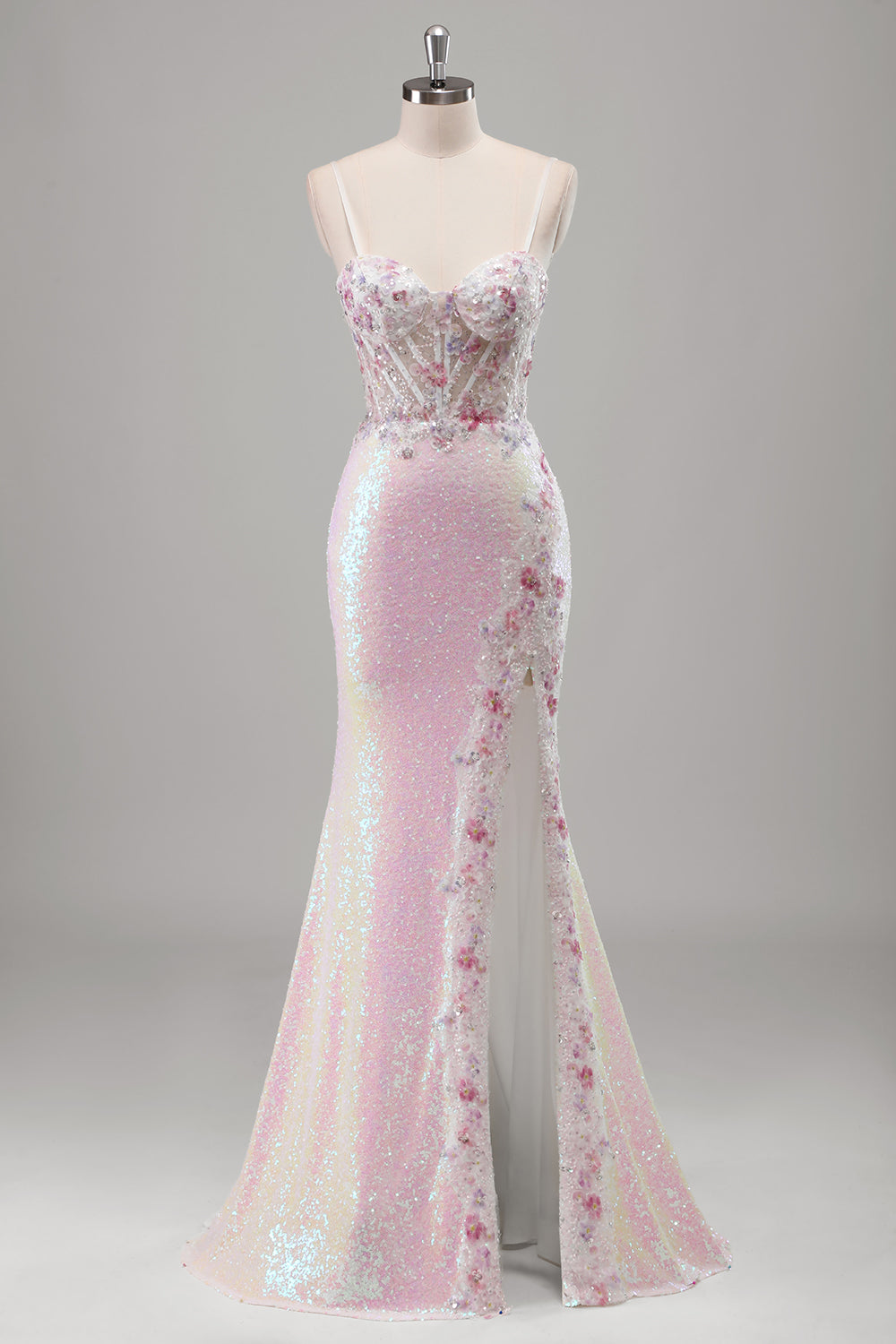 Pink Spaghetti Straps Corset Sequined Applique Mermaid Prom Dress with Slit