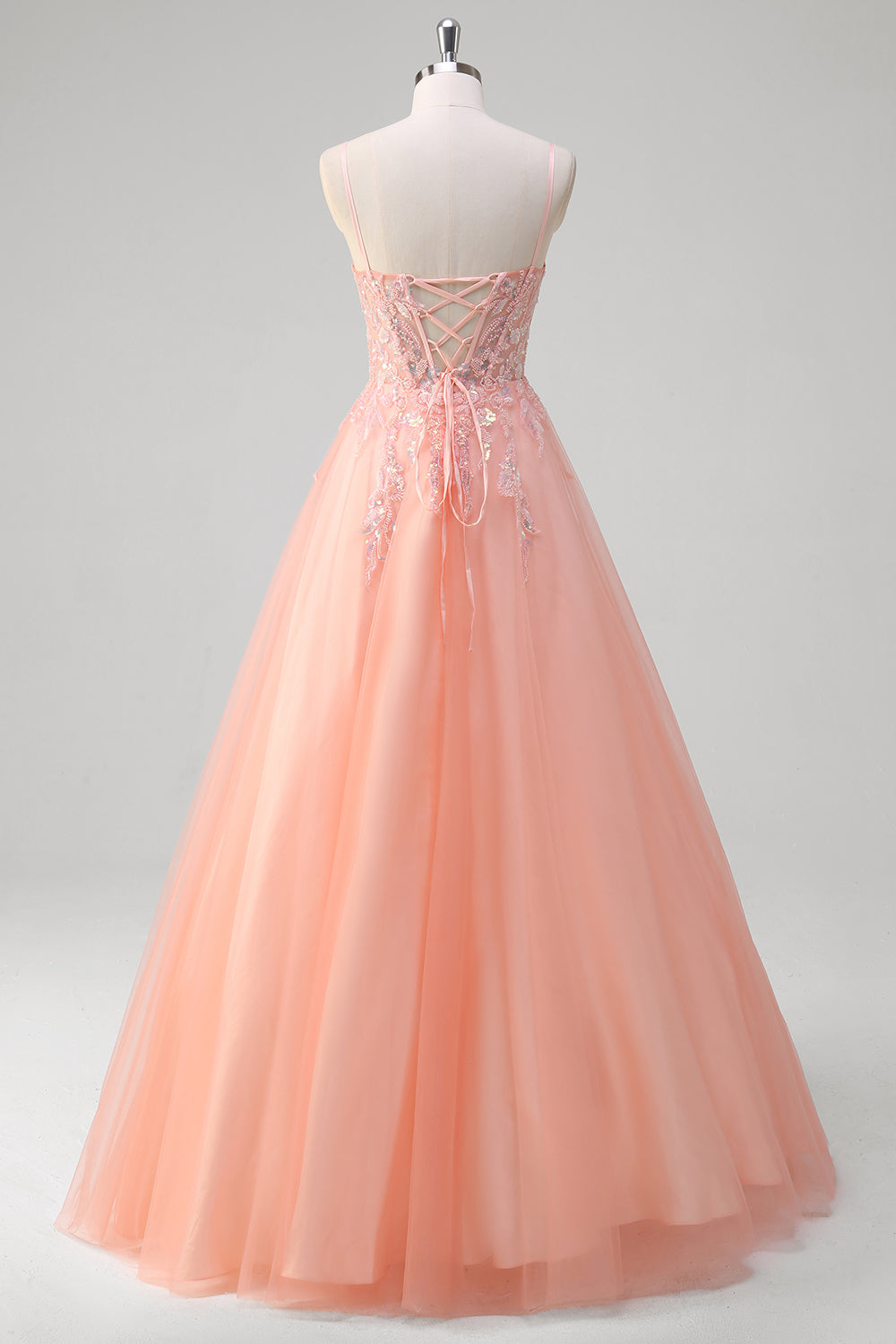 Peach Sequins Beaded A-Line Tulle Prom Dress