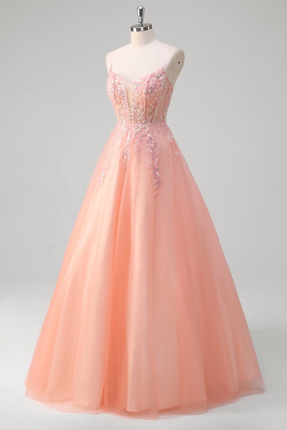 Peach Sequins Beaded A-Line Tulle Prom Dress