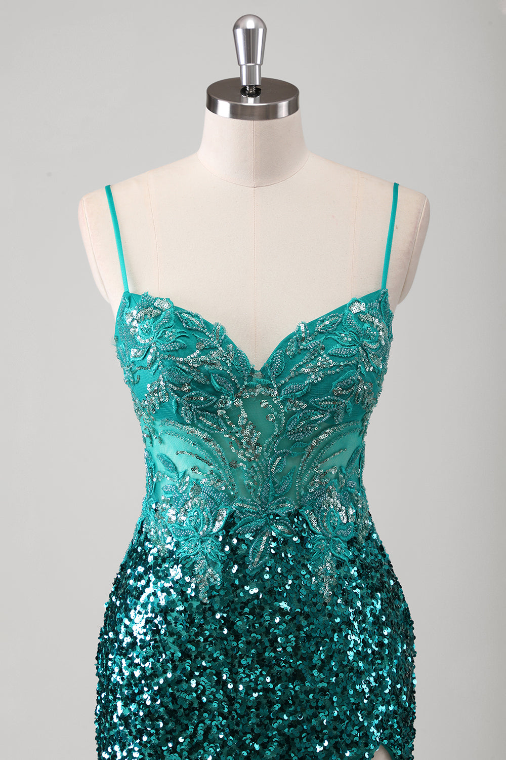 Sparkly Peacock Green Sequined Applique Mermaid Prom Dress with Slit