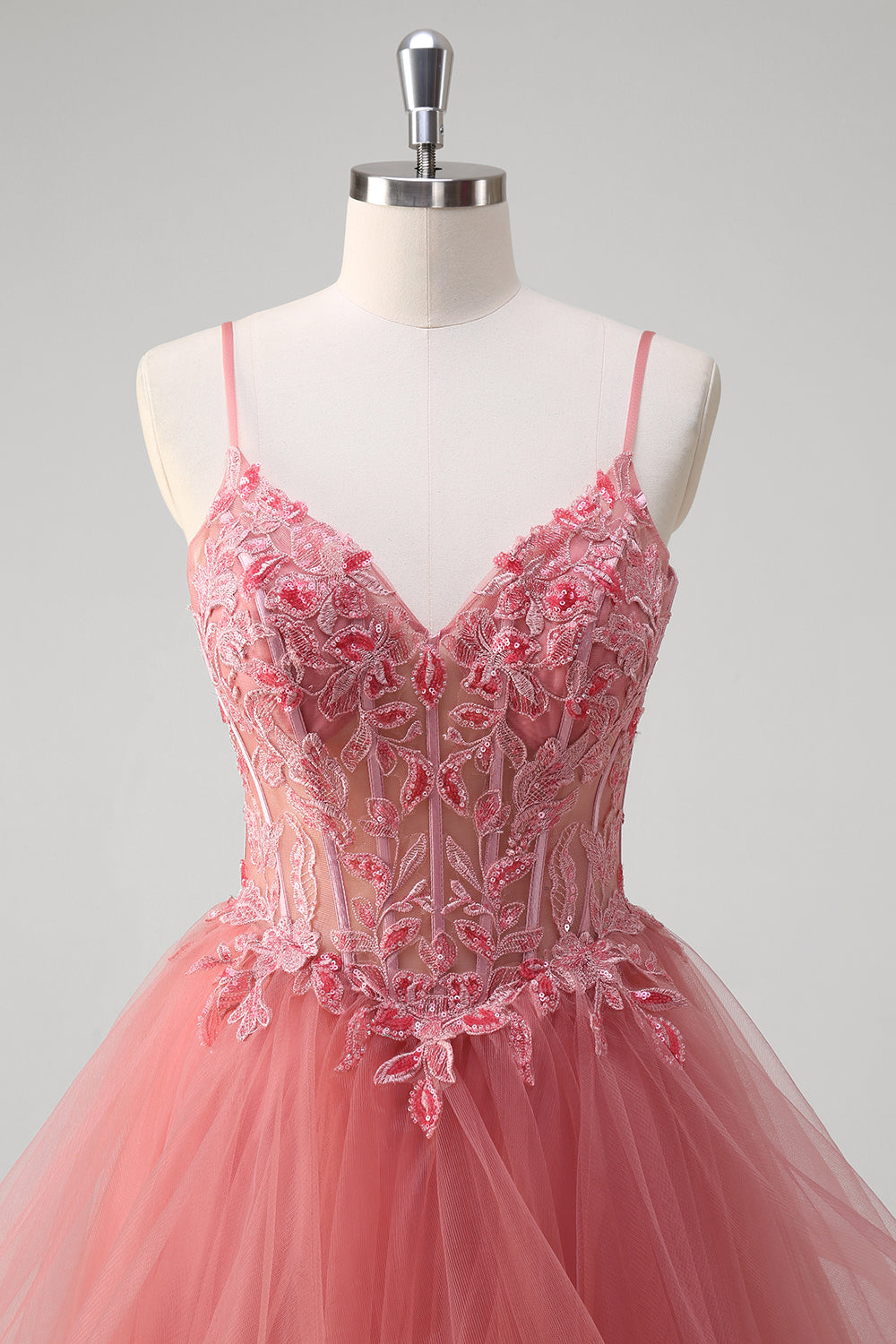 Coral Princess Ball Gown Applique Ruffled Tulle Prom Dress