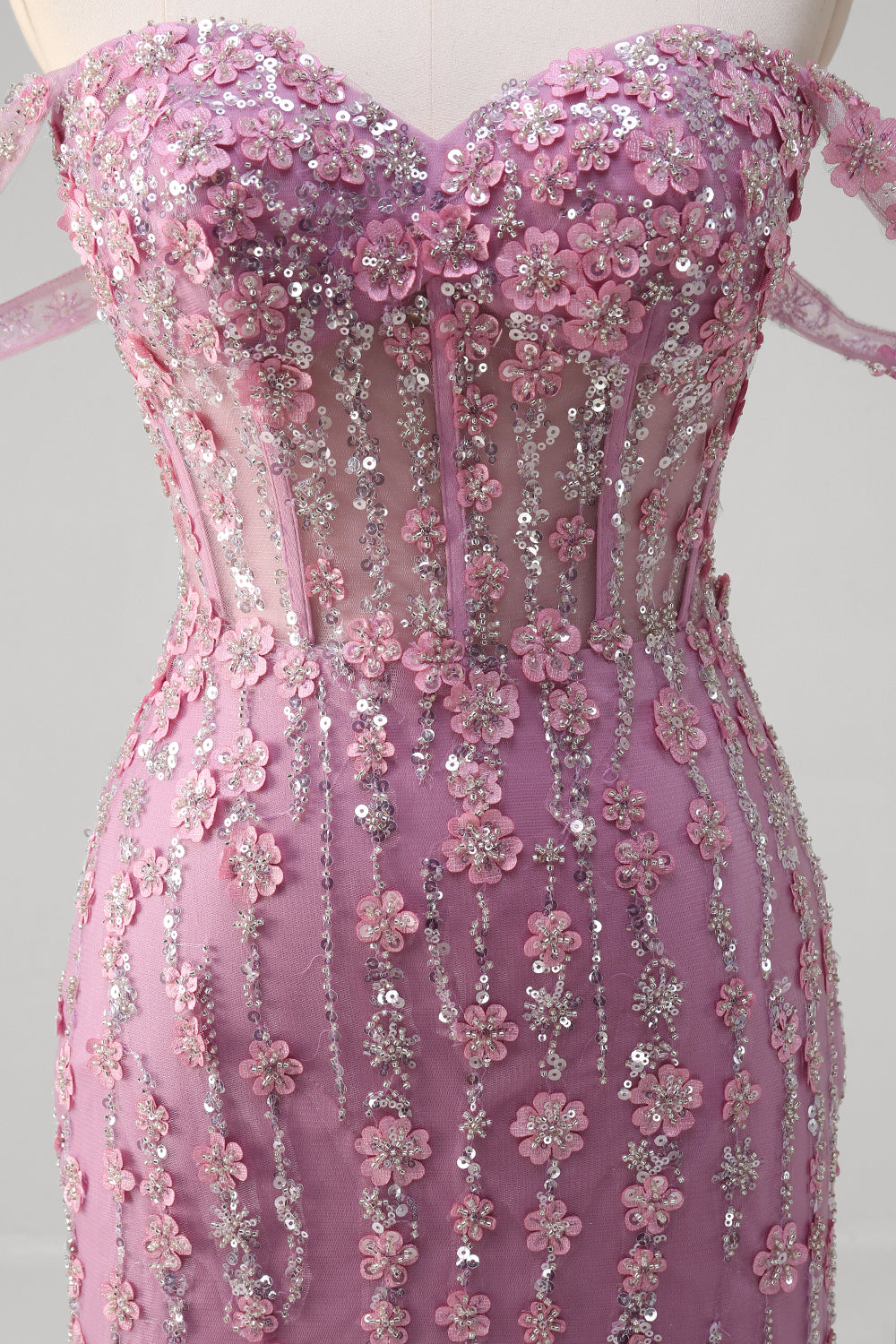 Grey Purple Off the Shoulder Sequined Applique Mermaid Prom Dress