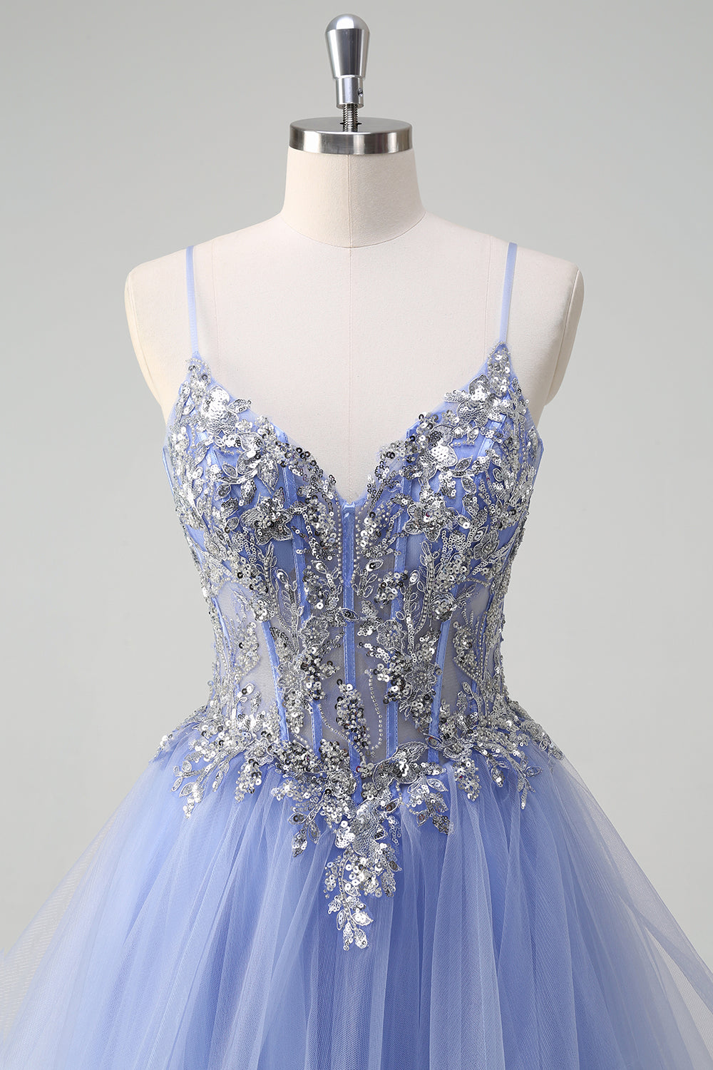 Sparkly Sequins Light Blue A Line Spaghetti Straps Prom Dress with Ruffles