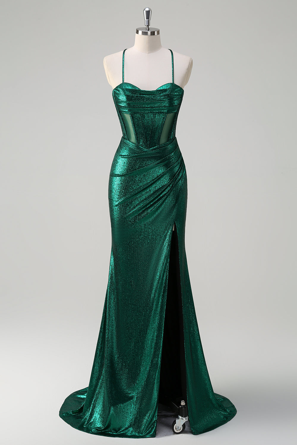 Dark Green Mermaid Corset Spaghetti Straps Metallic Prom Dress with Slit