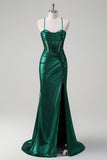 Dark Green Mermaid Corset Spaghetti Straps Metallic Prom Dress with Slit