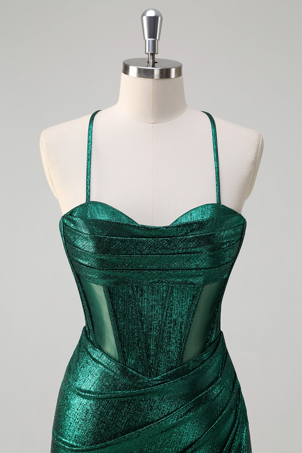 Dark Green Mermaid Corset Spaghetti Straps Metallic Prom Dress with Slit