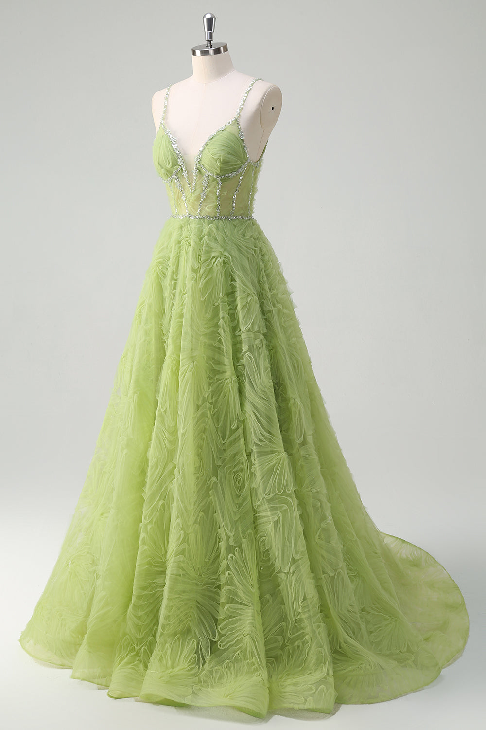 Sparkly Corset Green Princess Spaghetti Straps Ruched A-Line Prom Dress