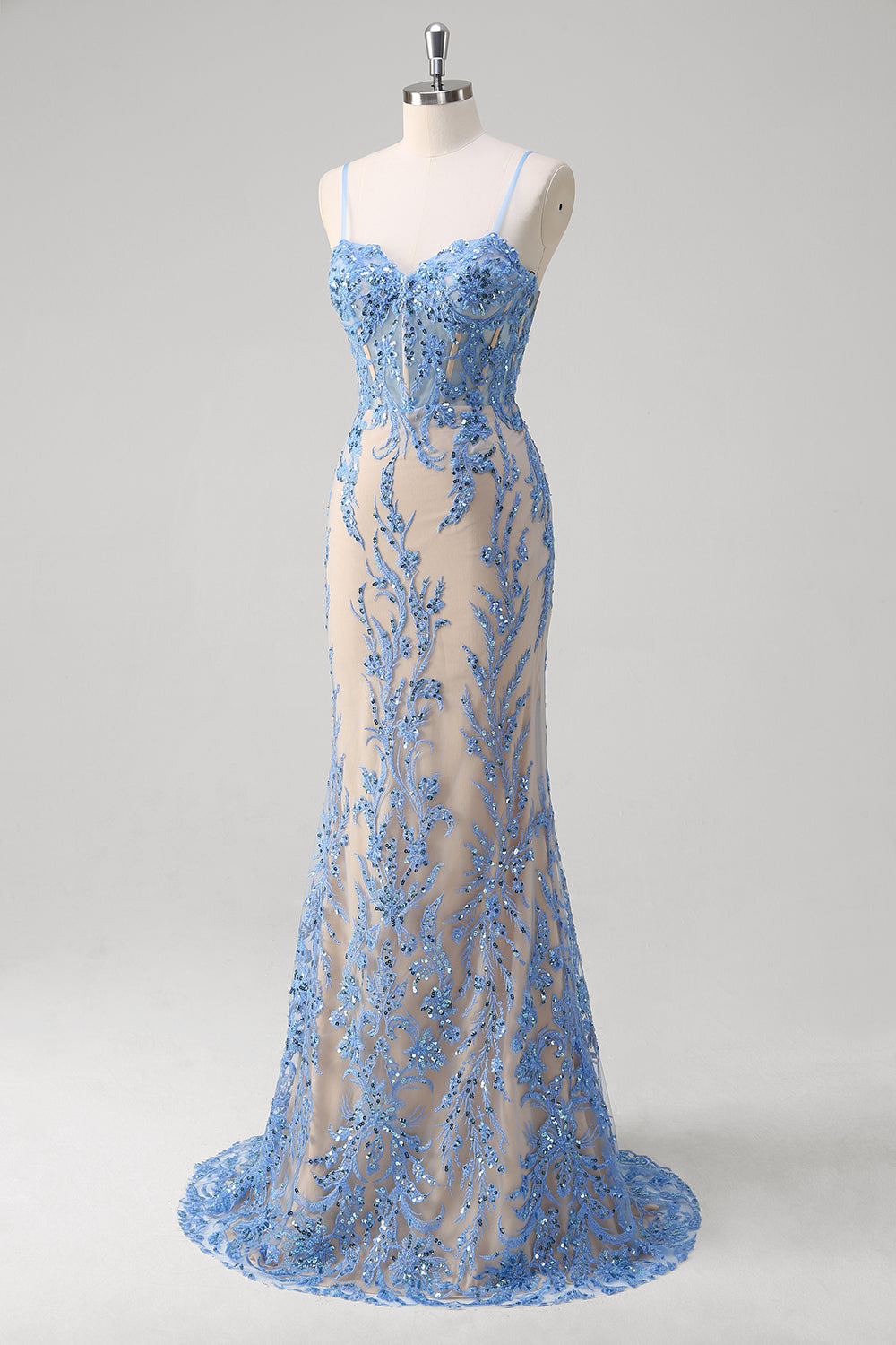 Blue Spaghetti Straps Corset Sequined Mermaid Prom Dress
