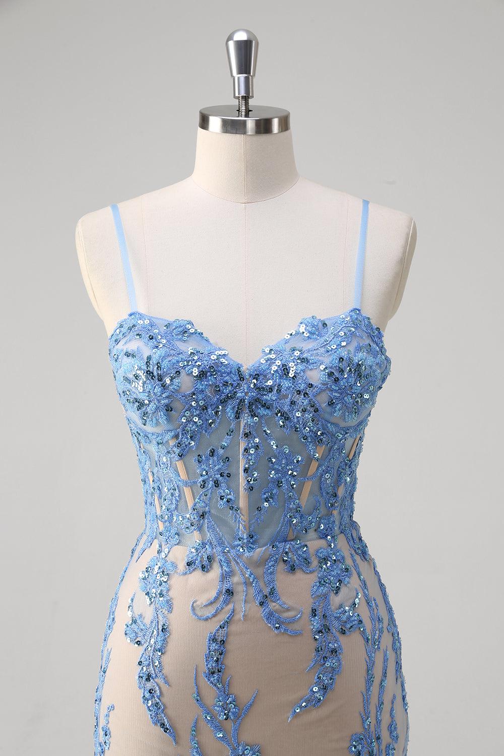 Blue Spaghetti Straps Corset Sequined Mermaid Prom Dress