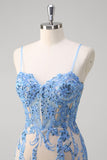 Blue Spaghetti Straps Corset Sequined Mermaid Prom Dress