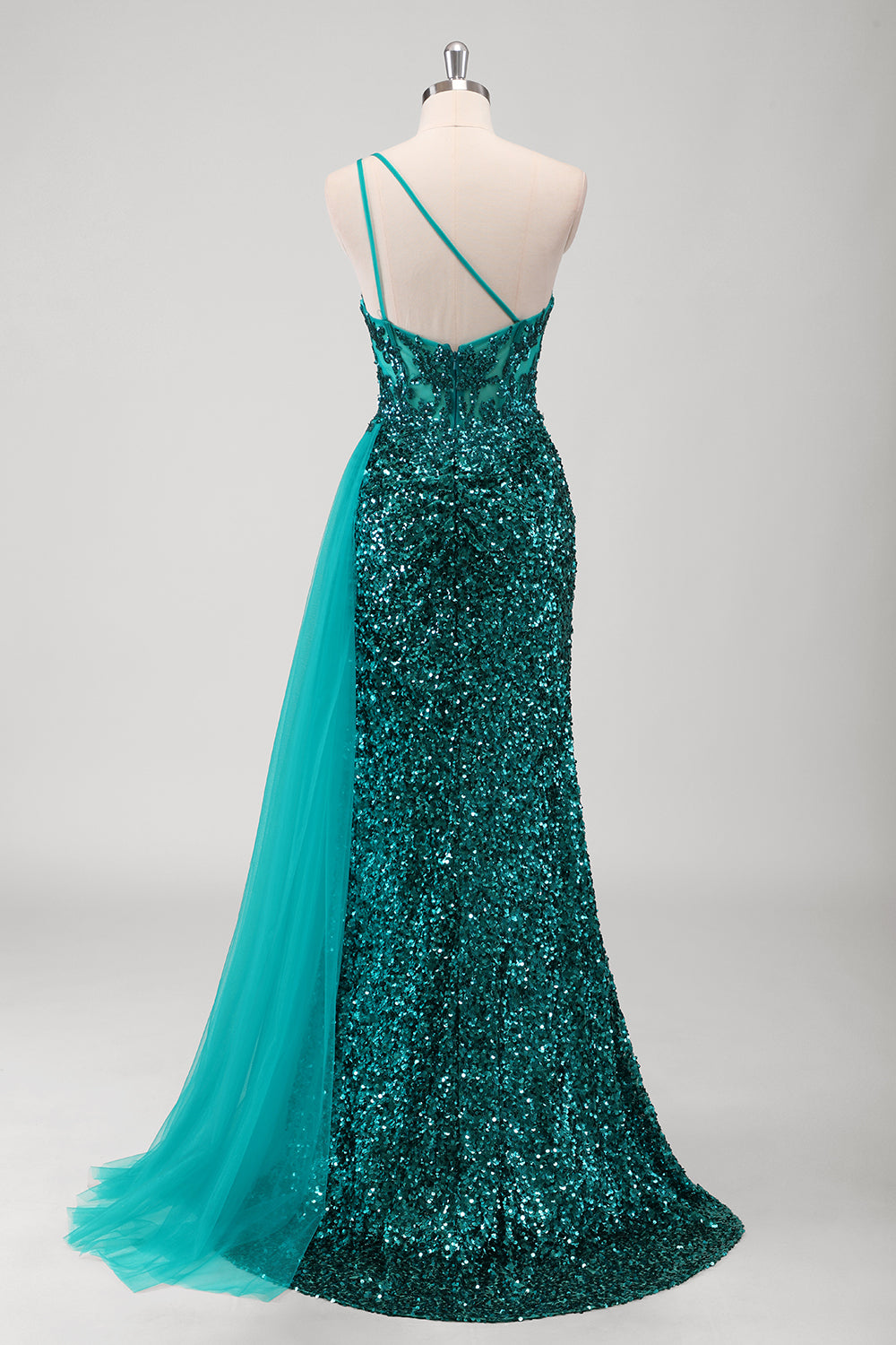 Peacock Green One Shoulder Sequined Mermaid Prom Dress with Slit