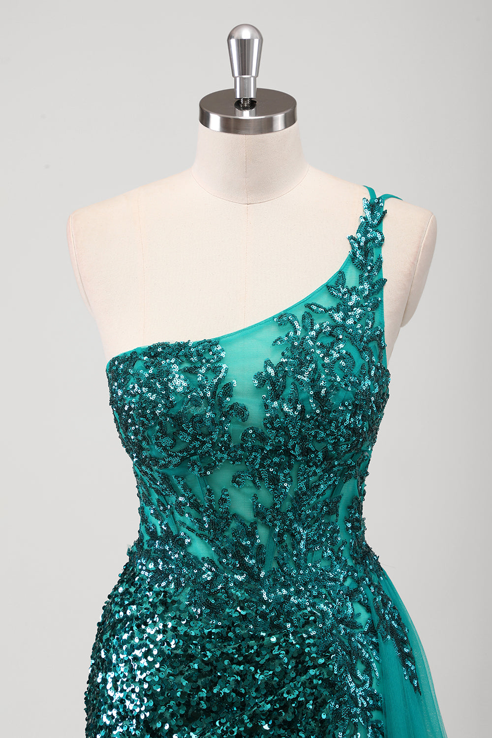 Peacock Green One Shoulder Sequined Mermaid Prom Dress with Slit