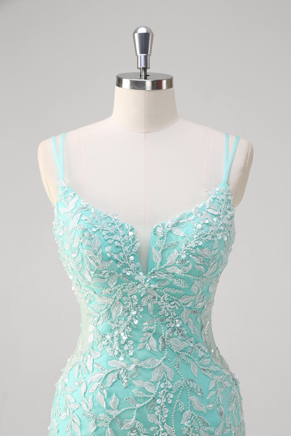 Mint Spaghetti Straps Applique Tulle Mermaid Prom Dress with Slit