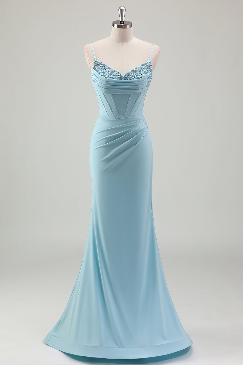 Blue Mermaid Beaded Prom Dress with Lace Up Back