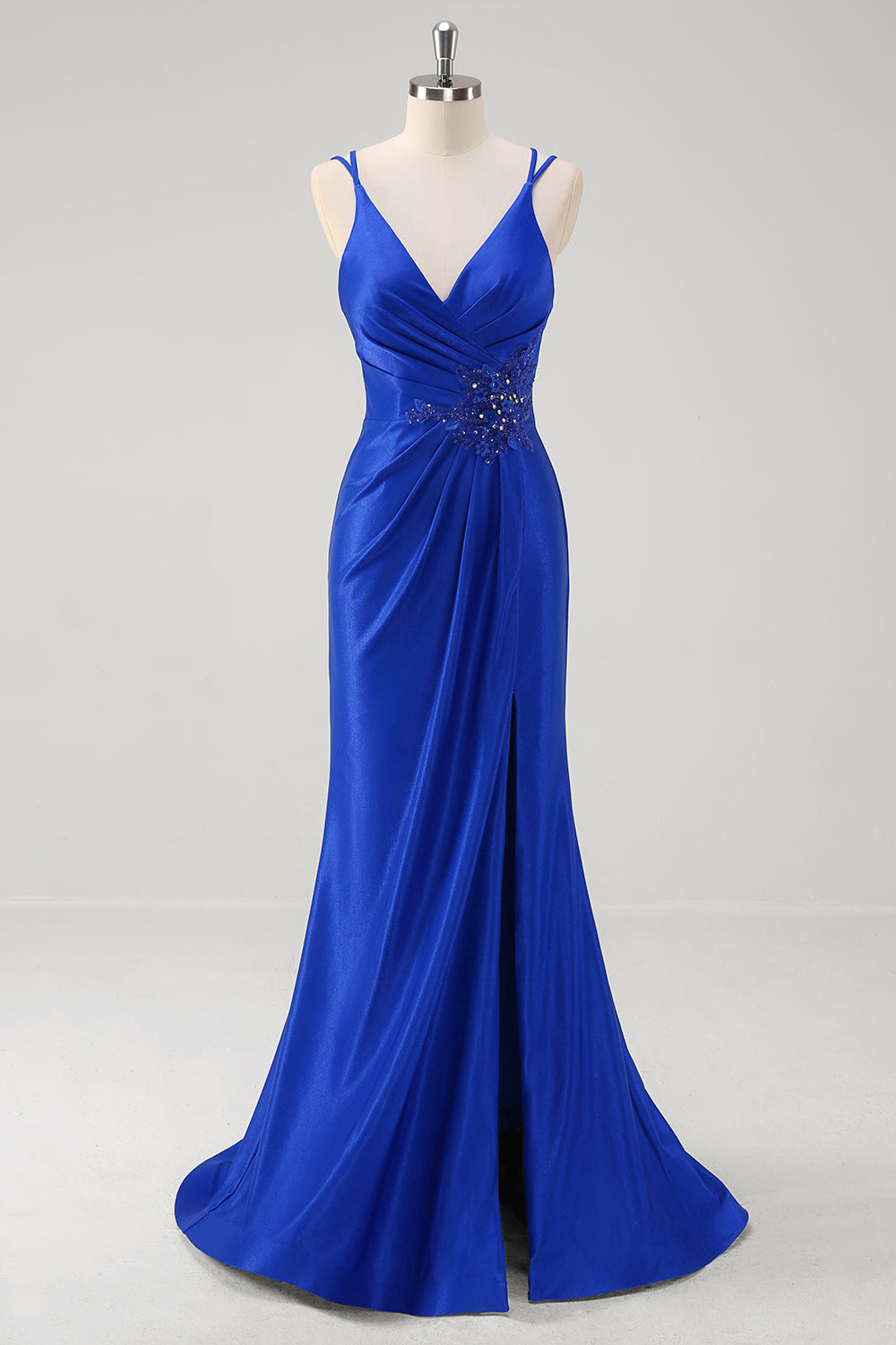 Royal Blue Applique Pleated Mermaid Satin Prom Derss with Slit