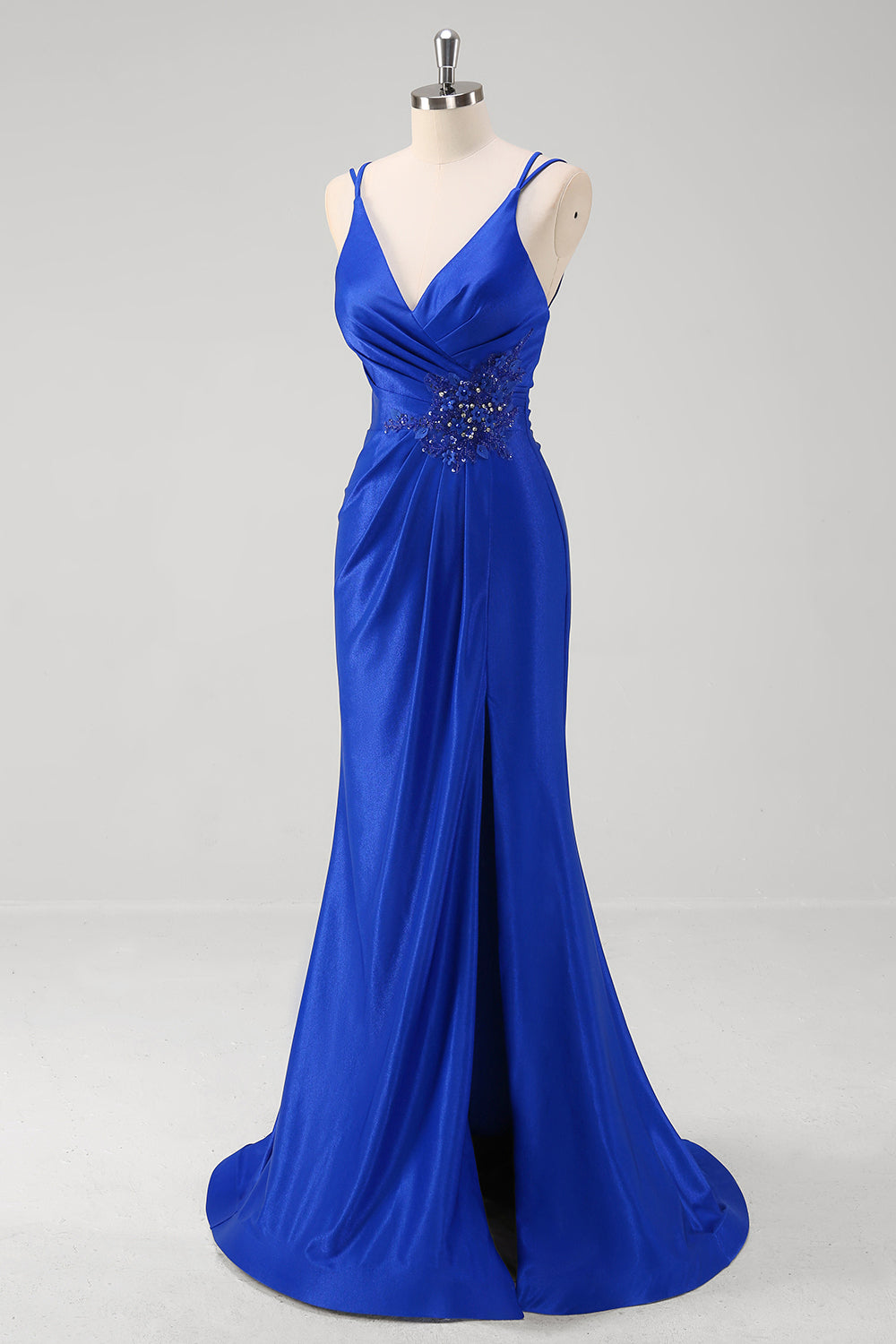 Royal Blue Applique Pleated Mermaid Satin Prom Derss with Slit