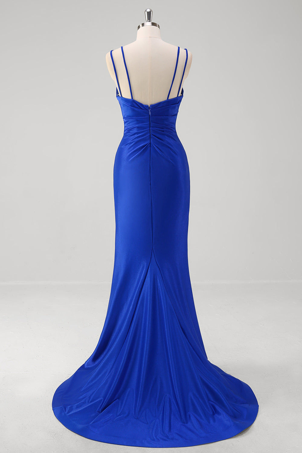 Royal Blue Applique Pleated Mermaid Satin Prom Derss with Slit