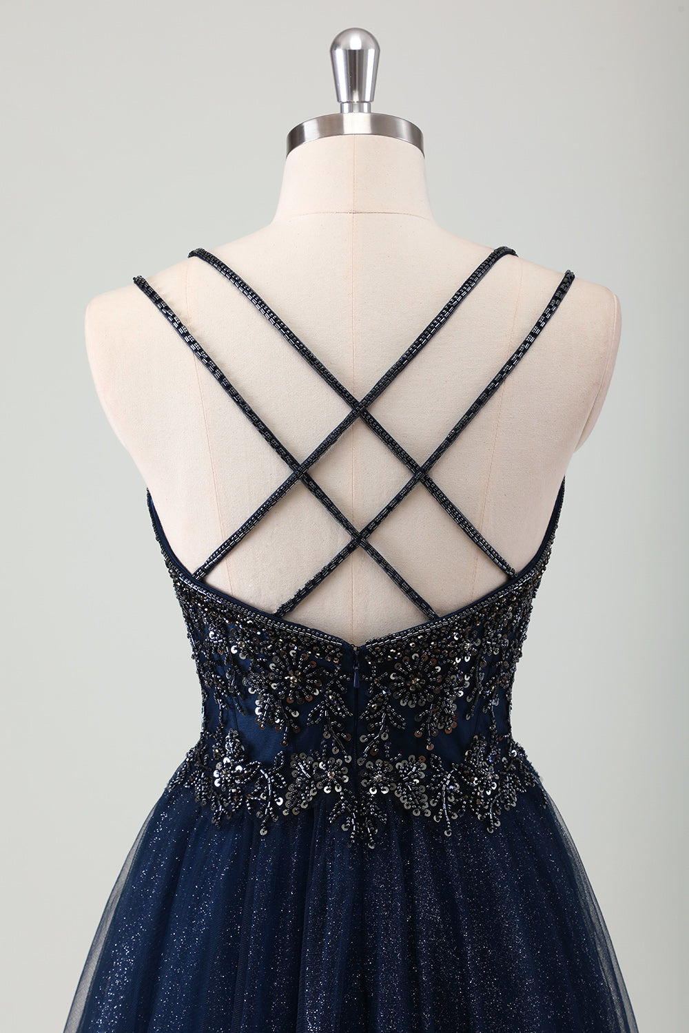 Glitter Navy Spaghetti Straps Beaded A-Line Tulle Prom Dress