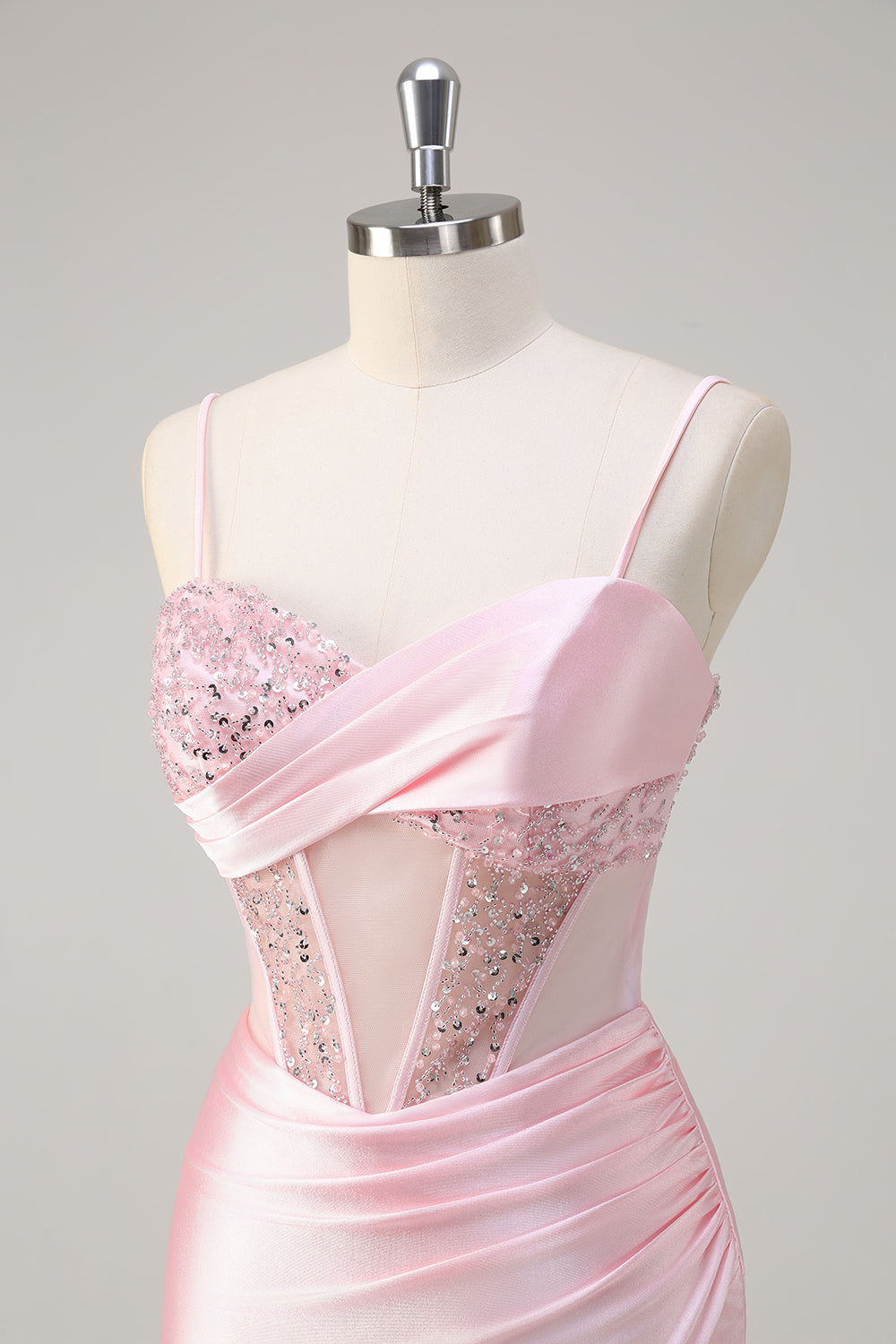 Pink Spaghetti Straps Hollow Out Corset Satin Prom Dress with Slit