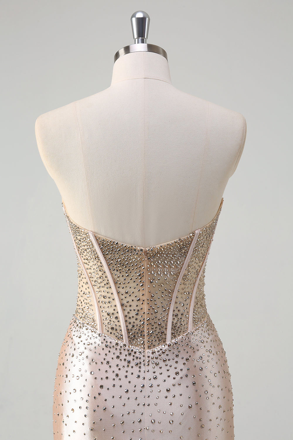 Champagne Strapless Beaded Satin Mermaid Prom Dress with Slit