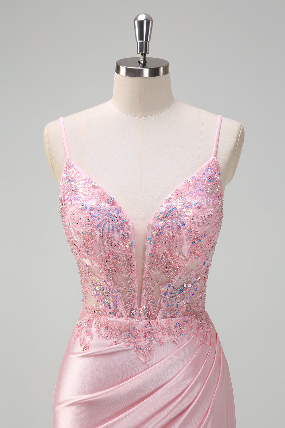 Sparkly Sequins Light Pink Mermaid Corset Satin Prom Dress with Slit