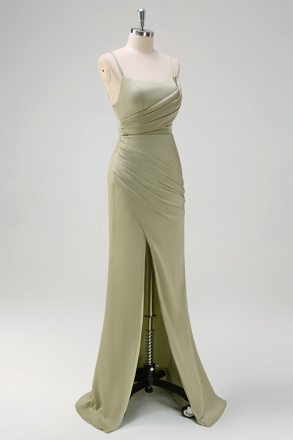 Sage Pleated Mermaid Satin Wedding Guest Dress with Slit