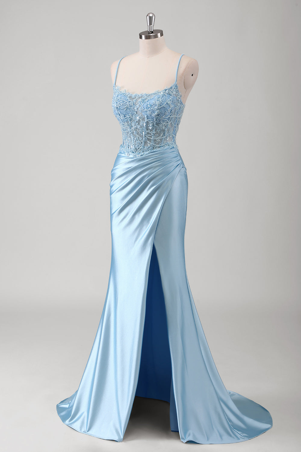Blue Applique Corset Beaded Satin Mermaid Prom Dress with Slit