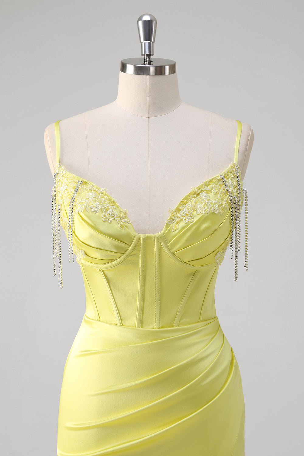 Yellow Corset Beaded Mermaid Satin Prom Dress with Slit