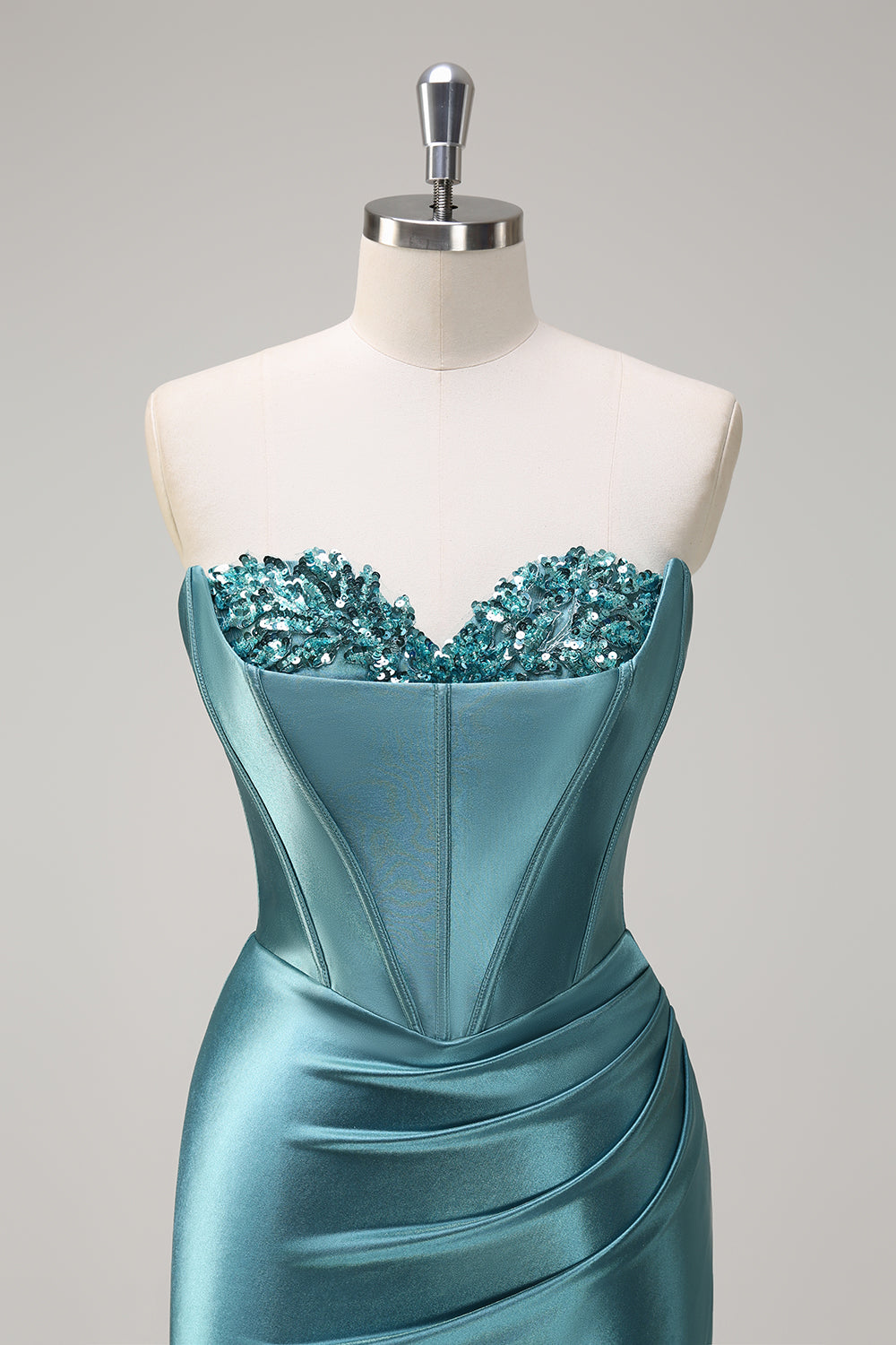 Grey Green Strapless Satin Sequined Mermaid Prom Dress with Slit