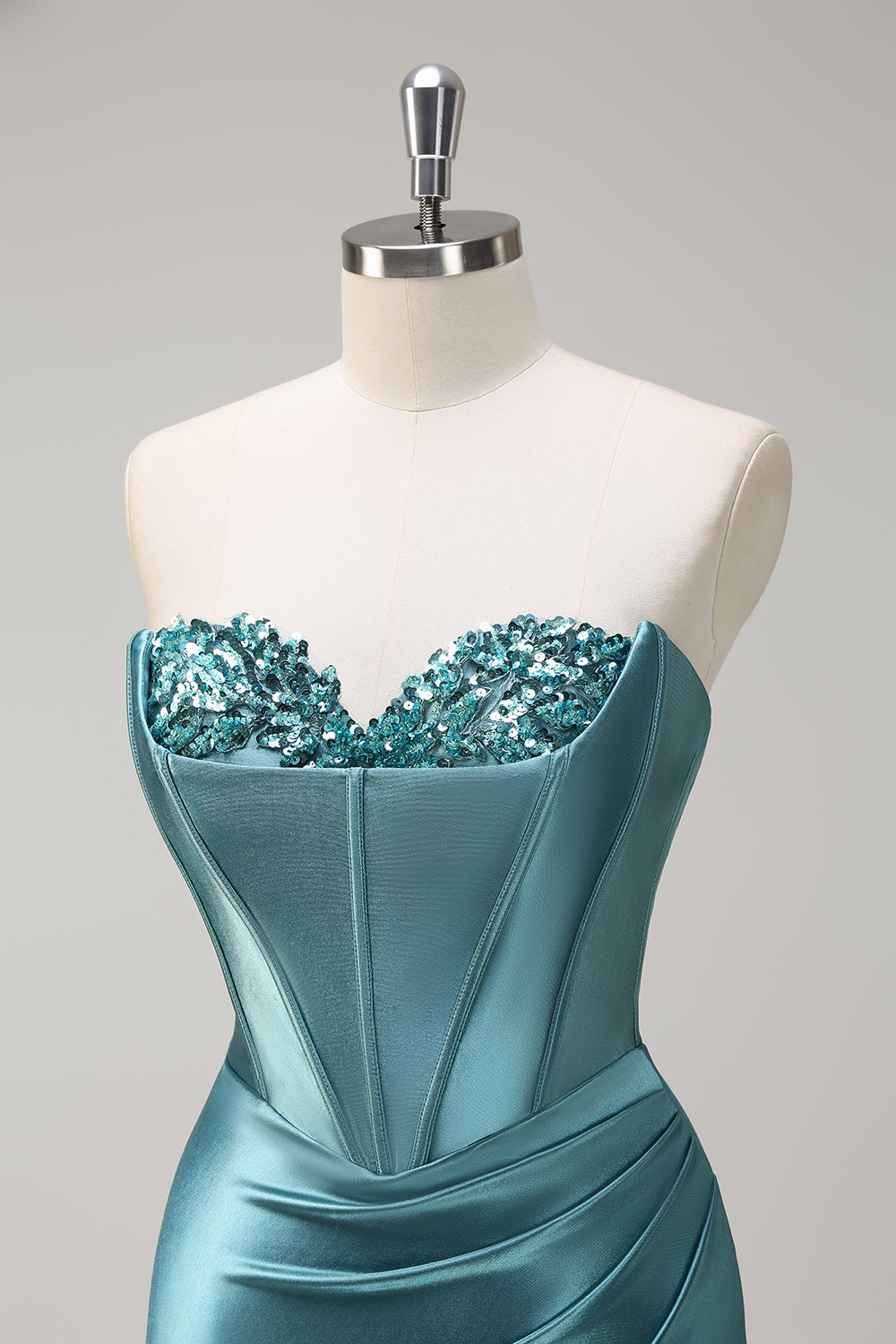 Grey Green Strapless Satin Sequined Mermaid Prom Dress with Slit