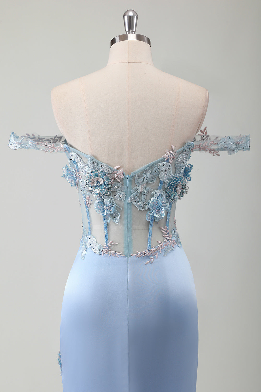 Sky Blue Off the Shoulder Applique Satin Prom Dress with Slit