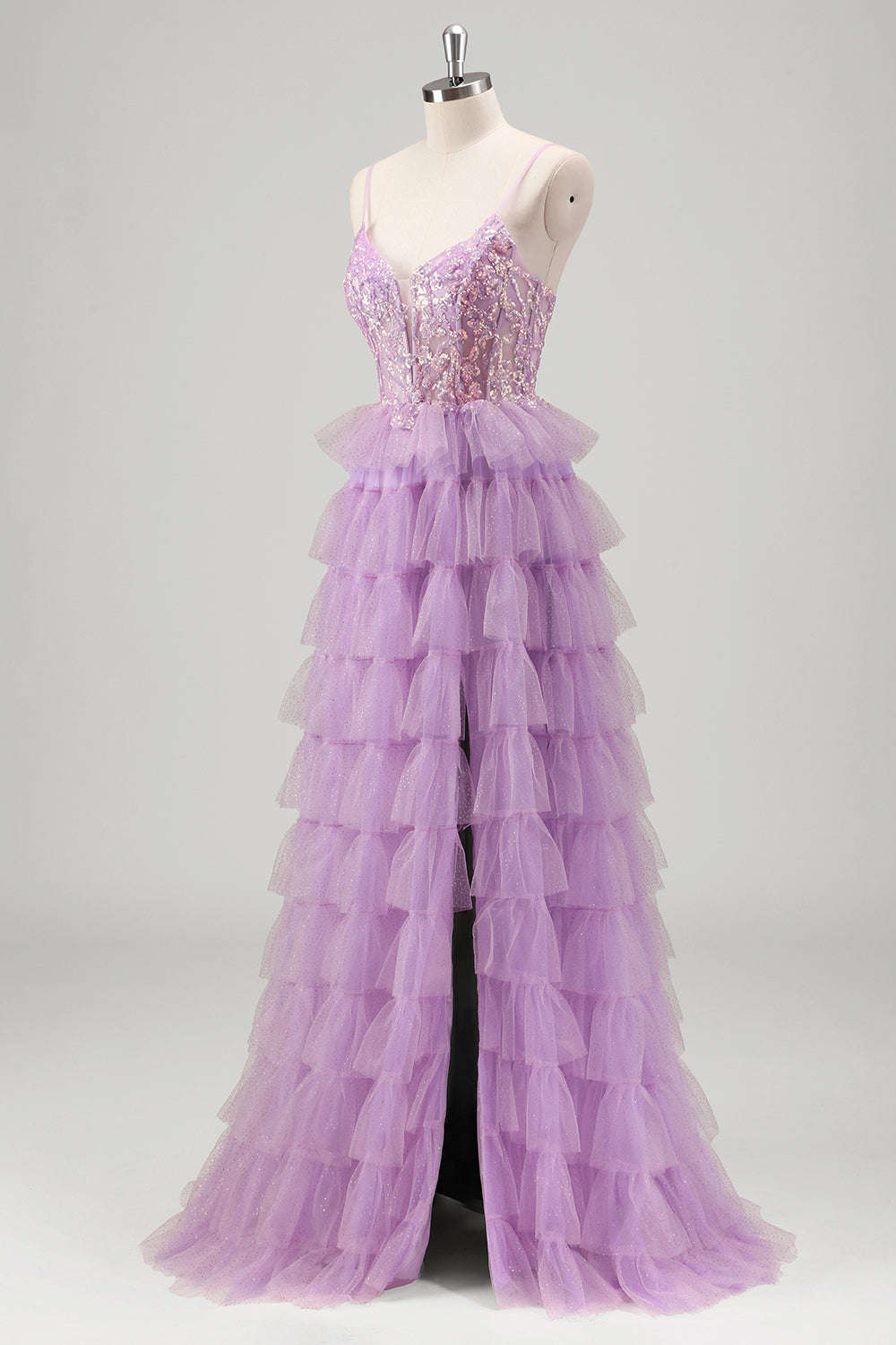 Lilac Spaghetti Straps Sequins Tiered A-Line Prom Dress with Slit